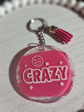 Crazy Pink Acrylic Keychain Glitter Charm